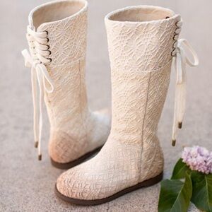 Joyfolie Cream Lace Mid-Calf Girls' Boots with Side Lace